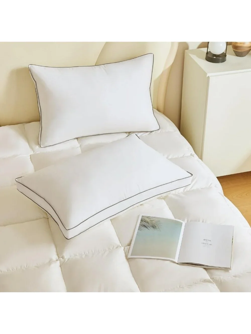 Cozy Gusseted Queen Size Goose Down Fiber Pillows - Set of 2 for Ultimate